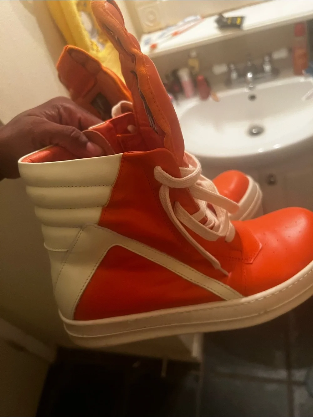 Rick Owens Orange and White High-Top Sneakers